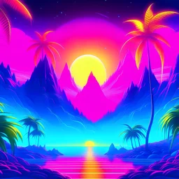 the bbok of eden , vaporwave pictures style, with neon lights and the sun far away
