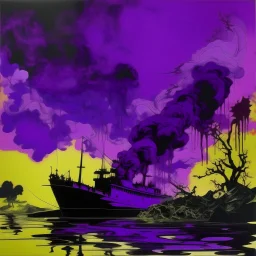 A purple Japanese empire with a toxic river and noxious smoke painted by Andy Warhol