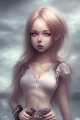 Realistic misterious Anime girl close and personal in stormy background