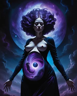 concept, dark void in abdomen, pregnant,cosmic theme, surrealism, detailed anatomy, shadows and highlights, eerie atmosphere, digital art, high resolution, deep space colors, black, purple, blue, glowing elements, dramatic lighting, imaginative interpretation.