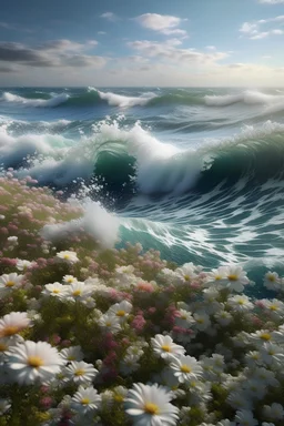 un oceano con olas de flores realista