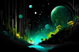 unexplored worlds, fabulous, space, microdetalization, drawing details, clear contours, color illustration, stardust, mystical landscape, curved trees, dark fantasy, multicolor, detailed, 3d, aesthetics of the universe, black, gold, green neon, colorful. moon, forest, lake, transparency of the environment, volumetric, fog, white haze