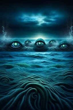 Fantasy art: evil water wave of evil eyes is running toward us