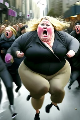 an obese terrified blonde white woman crying and sobbing in a pant suit desperately running away from an angry mob of thousands of all black people chase her down a city street