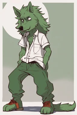 Sense of liberation by a beautiful green werewolf wearing a shirt and baggy pants