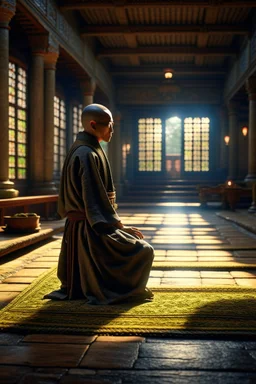 Shirokai was raised in a secluded monastery, where the monks devoted themselves to the study of ancient martial arts and the pursuit of inner peace. He was an orphan, brought to the monastery's doorstep as a baby, and the monks raised him as one of their own. photorealism, depth of field, lightrays, downligh, nvidia game graphics