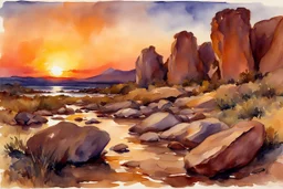 Sunset, rocks, mountains, rocky land, epic, john singer sargent watercolor paintings