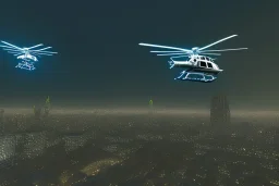 one black police helicopter flying over city buildings searching for suspect, oakland, downtown, helicoper has white spotlight flashing to the ground, night time , unity, scriptable render pipeline , green emission, cinematic lighting.