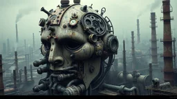 This image is a highly detailed, digital artwork depicting an industrial landscape with a surreal, steampunk aesthetic. Dominating the scene is a colossal, humanoid face constructed from a jumble of industrial machinery and pipes, with a weathered, metallic texture. The face is adorned with intricate gears, valves, and various mechanical components, giving it a mechanical and futuristic appearance. The background features a vast, hazy cityscape with numerous tall, cylindrical chimneys and smok