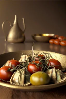 Ravioli dish by renaissance style still life oil painting with natural tomato, albahaca, olives, olive oil. moisture, art, natural, ornaments, marble, gold, high kitchen, smooth, gradient color background, unreal engine 5, ray tracing, RTX, lumen lighting, ultra detail, volumetric lighting, 3d.