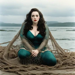 Kat Dennings as a sirena , poised on hands and knees in a fishing net, the overcast sky in the background, vintage 1980's photo