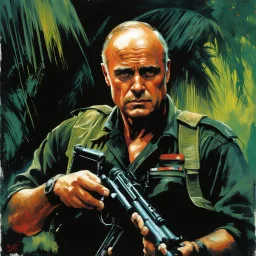 Gritty portrait of Marlon Brando as Colonel Kurtz in "Apocalypse Now", surreal halo of military choppers, Marlon Brando's mad countenance unsettling aura dominating the canvas, vivid eyes piercing through enveloping darkness, by Russ Mills, movie poster art by Drew Struzan, brilliantly grounded against the backdrop of an elusive nightmarish jungle, palpable textures, distressing red hues, visceral style, detailed line work, opulent shadows, menacing war flashback illusions in background,