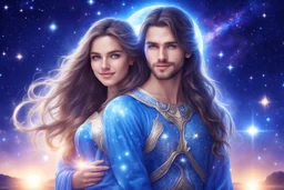 cosmic couple of beautiful women with long hair, light eyes and blue brightness tunic, with a little sweety smile, with his boyfriend as a sweety strong cosmic warrior in peace. in a background of stars and bright beam in the sky