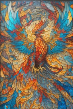 An intricate, stained-glass inspired mosaic depictingn a majestic phoenix, using vibrant hues of red, orange, and yellow ,blue andgreen to emphasize its fiery nature, surrounded by an elegant pattern of swirling flames and intricate glasswork.