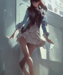 Insane pretty young woman short dressed. by wlop, ilya kuvshinov, krenz cushart, greg rutkowski, pixiv, sarah j. maas book cover style magician at the end of a corridor, smooth, sharp focus, d & d style, artstation, 4 k, hdr