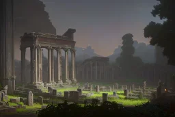 roman ruins against the twilight, intertwined herbs, vines and dark water with white lilies, on the floor, statues, tombs, mausoleums in the distance, oil on canvas, hyperdetailed, ethereal, ominous