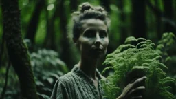 Cinematic Medium shot, young women standing in the forest holding plants, in the style of infused nature, video collages, made of veins, detailed face, dark green and white --style raw