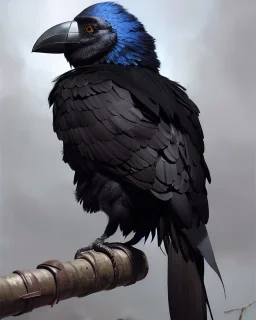 "black beak and feathers, Kenku male, humanoid bird, full-scale head and shoulders portrait, 8k resolution concept art portrait by Greg Rutkowski, Artgerm, WLOP, Alphonse Mucha dynamic lighting hyperdetailed intricately detailed Splash art trending on Artstation triadic colors Unreal Engine 5 volumetric lighting Splash art fantasy"