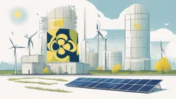 "The image illustrates the concept of nuclear energy and its environmental impact. It portrays a modern nuclear reactor alongside arrangements of solar panels, symbolizing the use of multiple sources for safe and sustainable energy generation. The image strikes a balance between technology and the environment, reflecting the complex content of the article and the influence of energy on the natural world."