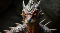 Female Argonian humanoid big golden eyes human lops golden-red-black scales realistic hoding a spire