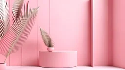 Modern Minimal Soft Pink Shelf Display For Show Product With Leaf Palm Background 3d Render