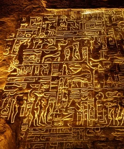 Ancient submerged ruin wall depicting luminescent hieroglyphs