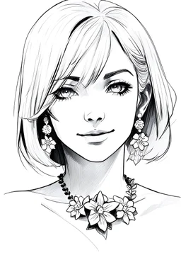 Draw a pencil sketch with white background of the face of a beautiful lady having white hair on her shoulders and wearing and flower necklace and flower earings