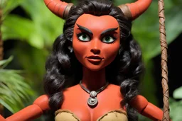 (1960's stop-motion animation puppet, in the style of Ray Harryhausen) Close-up shot of Shanna the bShe-Devil, the jungle girl, executed as a handcrafted articulated armature puppet. She stands 10 inches tall within a detailed stop-motion diorama of a primordial jungle, built with layers of textured painted paper, foam, dried moss, and miniature tropical foliage. Shanna wears a carefully stitched leather and felt leopard print two-piece swimsuit (revealing outfit) with micro-textures mimicking f