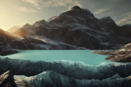 highly detailed glacial lake landscape, sunset, cinematic lighting, 4k, 8k, octane render, trending on artstation, pinterest, extremely detailed, ambient lighting, single frame