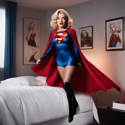 a power fusion of Marilyn Monroe's iconic glamour and the superheroic essence of Supergirl in her bedroom. She exudes a captivating charm as she stands in a dynamic pose. From a 3/4 view in contre plongée, her silhouette enhanced by Supergirl's emblematic colors and cape in the agent provocateur style. She turns her head towards the camera, she smile with no inhibitions meets the viewer's gaze, she embodies a mix of timeless allure and heroic strength.