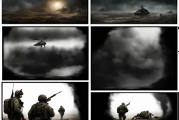 Masterpiece1:5)(Fineart), (award-winning:1.5), highest quality, (ultra realism:1.5) war journalism(,(by Tim Page and Hoorst Faas:1.5))(photorealistic:1.8),RAW pictures (Eastern Ukraine:(panel one:the moment after a battle ends, horrors of war, wounded men),(2nd panel, cinematic shot of men sitting in trench with 1000 yard stare (focus on their eyes:1.5)),(the third panel shows troops tired but hyper alert), (the fourth panel shows the sky is filled with incessant, fire and smoke,)