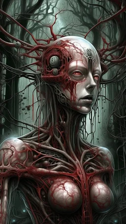 Quintessential Horror Surrealism:A woman Gothic cyber-surreal figure's form undergoes catastrophic dimensional fission through Seedream 3D recursive rendering, fracturing into chaos Legion Doodle simultaneous nightmare realities while simultaneously occupying four perforated reality levels—manifests as a blood-drenched forest where trees weep crimson sap and bioluminescent fungi pulse with recursive Fibonacci patterns, surrounded by carnivorous flowers with fanged mouths dripping neon venom; mat