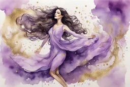 Dynamically dancing long haired brunette woman, in lilac, watercolor and ink, golden glitters