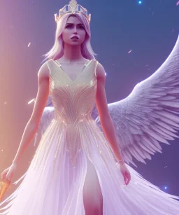 A crystalised queen, atmospheric, realistic, unreal engine, cinematic lighting, octane render, transparent long dress, blonde, full body, wings, smile, long hair