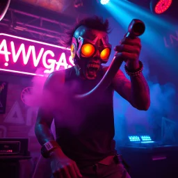 A exhaust pipe performing at dance club, his name is "exhaust pipe" and looks crazy, looks very aggressive look, Neon lights and smog, "AVGASRÖR" SIGN ON WALL