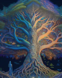 A fantastical image of a giant, sentient tree providing shelter and wisdom to a diverse array of mythical beings, in the style of visionary art, intricate detailing, glowing colors, and otherworldly patterns, 16K resolution, inspired by the works of Alex Grey and Amanda Sage, expressing the interconnectedness of all life and the importance of environmental stewardship.