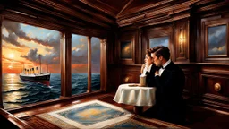 Imagine you are on board the Titanic, in the luxurious cabin where Jack and Rose share a moment of intimacy. Jack, a talented artist, decides to paint a portrait of Rose in this iconic setting. Describe the scene in detail, capturing the emotions and atmosphere as Jack carefully paints his muse on the canvas. How does Rose react to being immortalized in this way? What thoughts and feelings are running through their minds as they create this beautiful piece of art together? Let your imagination r