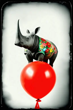 Rhinoceros avec fleurs peintes, en equilibre sur un balon rouge,, tintype