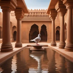 Hyper Realistic Photographic-View Of Dove Sitting On The Surface of a Traditionally-Crafted-Water-Fountain inside Traditional Rajasthani Fort With Traditional-Brown-Pillars & Traditional-Hallway showing dramatic & cinematic ambiance.