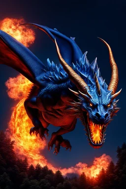 Ultra hyper photo realistic blue dragon airborne breathing fire at night full moon in the background