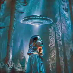 photo of a young woman in a dark forest looking at a UFO in the sky, martin scorsese style