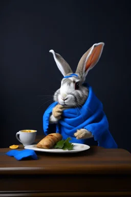 A human-sized rabbit wearing a blue scarf eating Thanksgiving dinner alone, looking sad