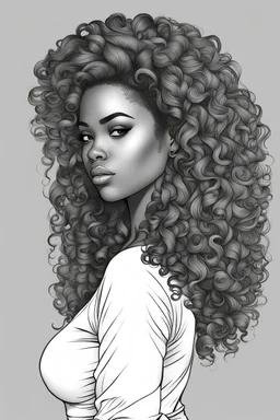 Create a coloring page of a beautiful curvy black female looking to the side with curly hair. No shading, No color, clean lines