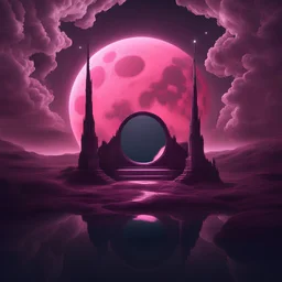 A moon in a glowing light pink landscape, a mirror, thunders