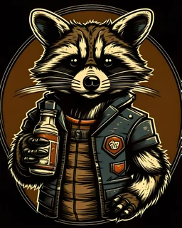 cool raccoon dressed in leather jacket in shephard fairey style graphic holding a can of beer.