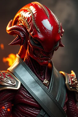 President Alien , red skin, scales, unreal engine 6, high detail, intricate, cinematic. photoshoot style, intricate, studio lighting, masterpiece , highly detailed, 8k, best quality, fire, smoke, dramatic,d,<lora:mshn:0.7>,<lyco:Warrior_Couture:0.5>,