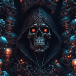 scarry dark hooded crystal skeleton made of marble, bright colors, glowing sparkle particles, dark tone, sharp focus, contrast, 8k, incredible depth, dramatic lighting, beautifully intricate details, clean environment, epic dynamic scene, depth of field, ultra detailed