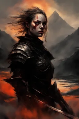 A formidable warrior girl in black armor, against the background of an amazing gloomy landscape flooded with sunset, mountains, trees, a fabulous scary hero, juicy emotions, painting, gloomy fantasy, gloomy day, dark world, portrait, oil and graphite, wide strokes, a weaving frame around, by Ryohei Hase, Agnes Cecile, Raymond Swanland, Anne Bachelier