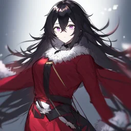 Clear focus, High resolution, rough line sketch art, long black hair, hair between eyes, fluffy hair, purple eyes, wearing a black and red kimono with a black short skirt, dark aura