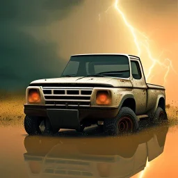 hyperrealistic shot, off-road truck, speeding, earth color palette, sharp focus, puddle reflection, tire water splash, refraction, rain and lightning on the horizon, shadowcast, detailed and intricate, cinematic composition, tilt shift photography